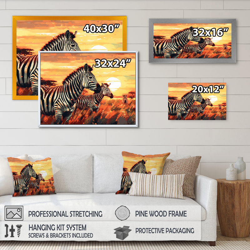 Safari zébré orange orange I - impression, Cadre photo noir, H 30 po x l 40 po x P 1,5 po