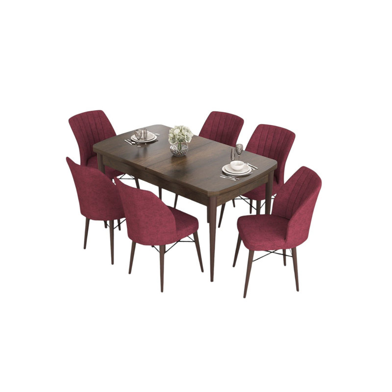Ensemble de table et chaises de salle à manger moderne extensible (7 pièces), baroque et bourgogne, 52,0 x 31,0 x 31,5 pouces (Ouvert: 67,0 x 31,0 x 31,5 pouces) | 100% panneau de fibres à densité moyenne avec pieds en bois et structure en métal | Coussins en mousse confortables, idéaux pour les réunions de famille