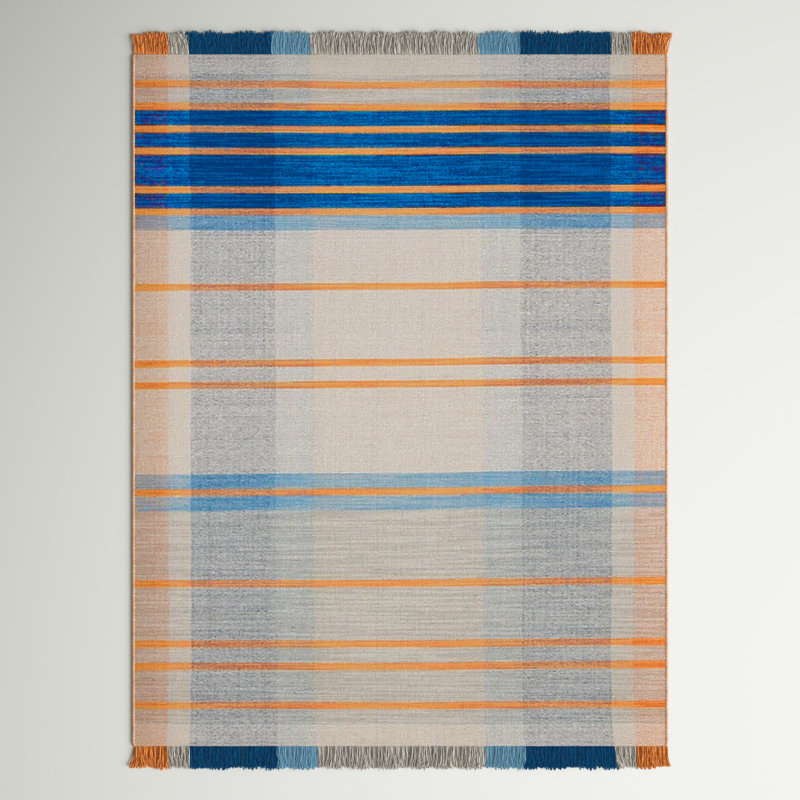 Anjail Flat Weave Wool/Cotton Plaid Rug in Orange/Blue, Rectangle 6' x 9'
