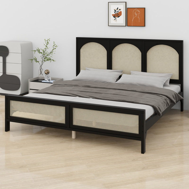 Modern Platform Bed Featuring Rattan Headboard, Black+Beige, Queen