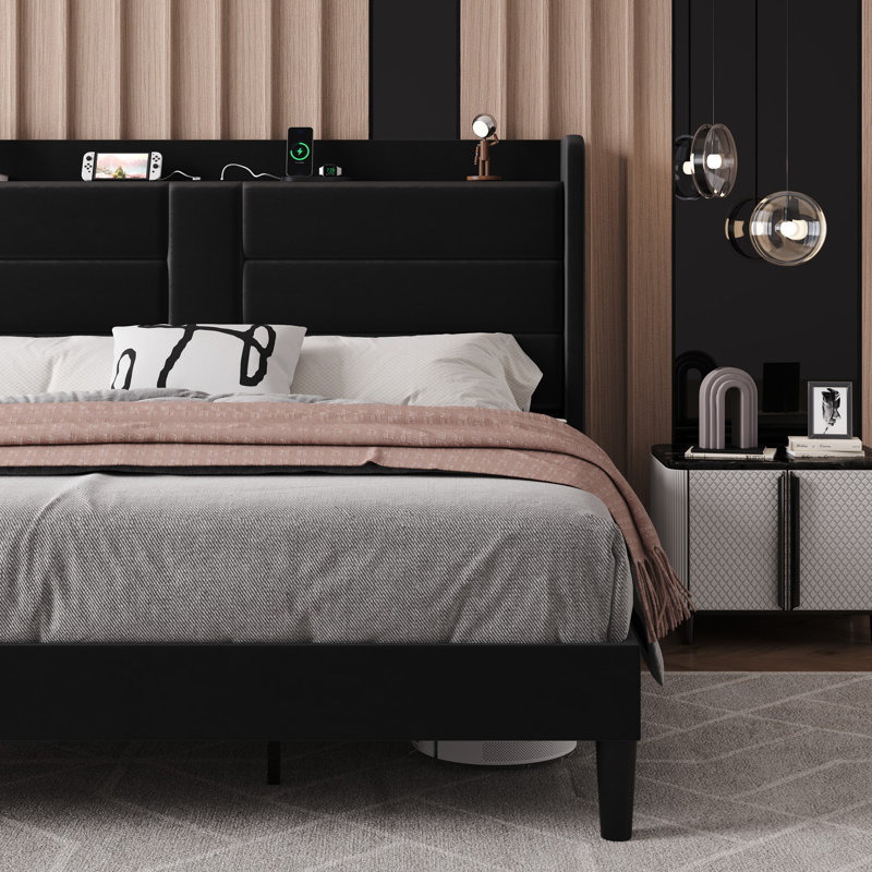 Velvet Upholstered Wingback Storage Bed With Built-In Type-C & AC Charging Station, Black, Queen