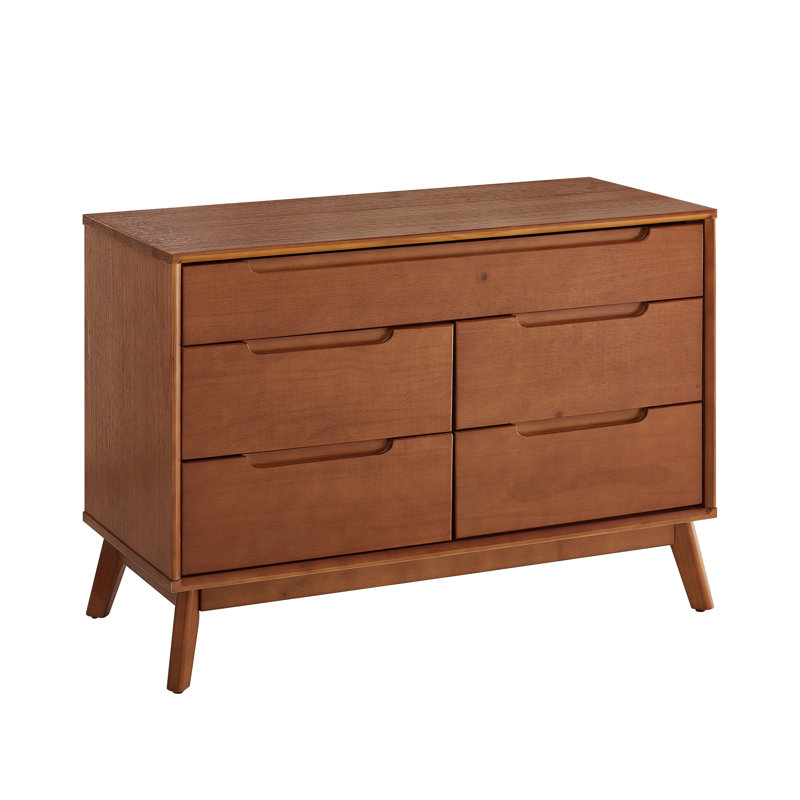 Mid-Century Brown Solid Wood 5-Drawer Dresser