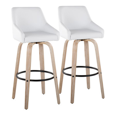 30" Fixed-Height Barstool With Swivel In washed Wood, White Faux Leather, And  Metal With Rounded Metal Footrest - Set Of 2