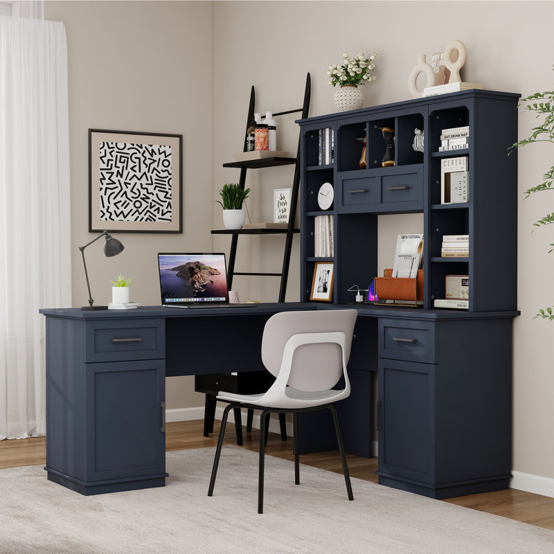 Bureau d'ordinateur en L 2 en 1 avec tiroirs, armoire, tablettes ouvertes, prise de courant, Bleu