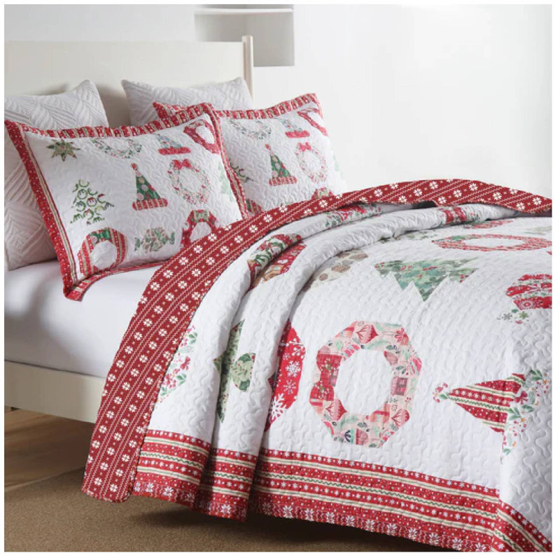 King Red and White Reversible Christmas Quilt Set