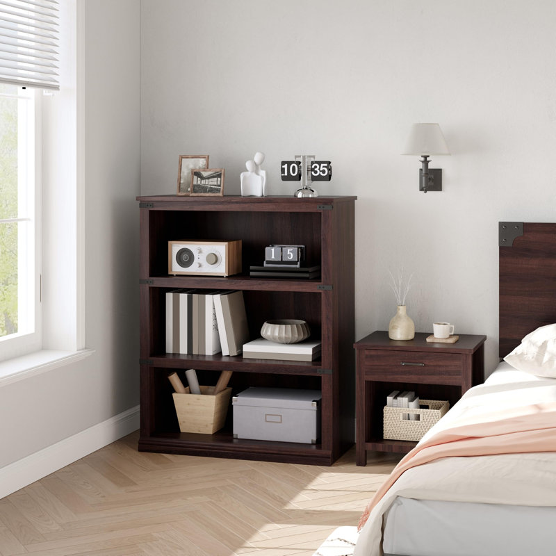 3-Tier Farmhouse Bookcase, Low Wooden Bookshelf with Open Storage Shelves, Cherry