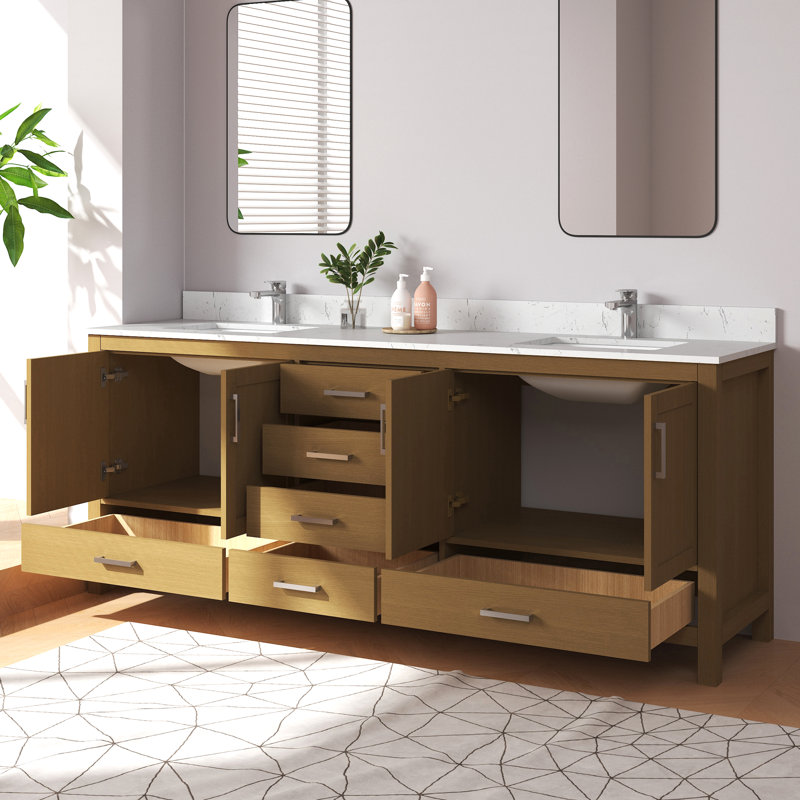 Ensemble de meuble-lavabo simple 84 po Felix avec plateau et dosseret en marbre massif Felix, Chêne, 84"