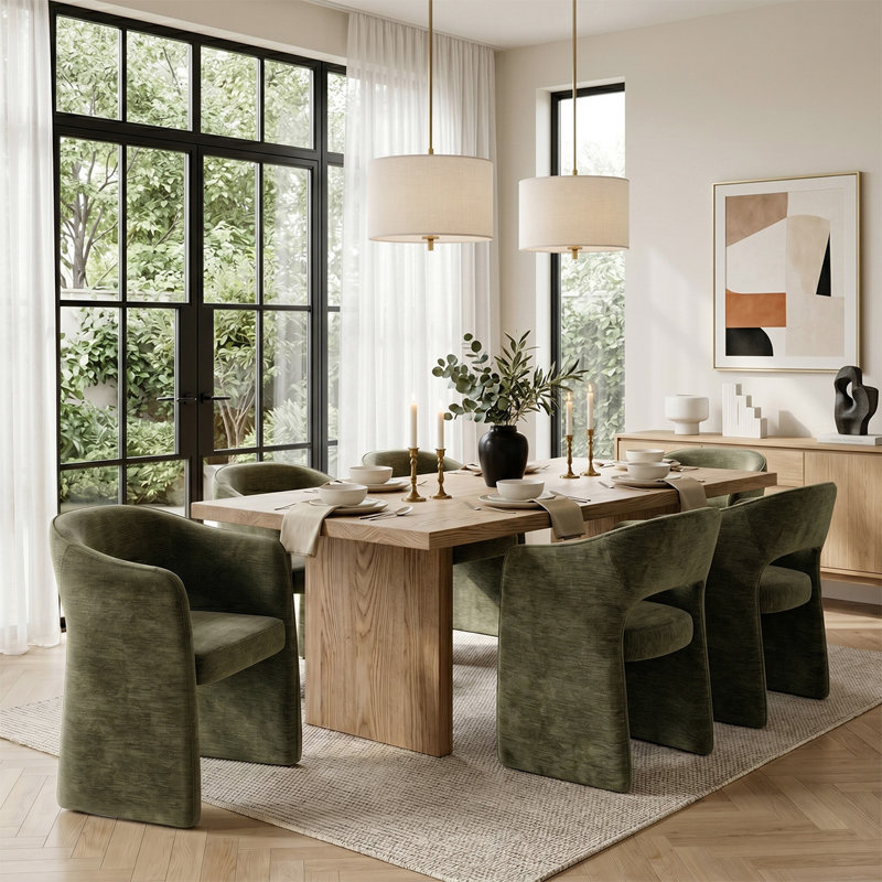 Chaises de salle à manger rembourrées modernes en chenille avec accoudoirs sculpturaux modernes, Green