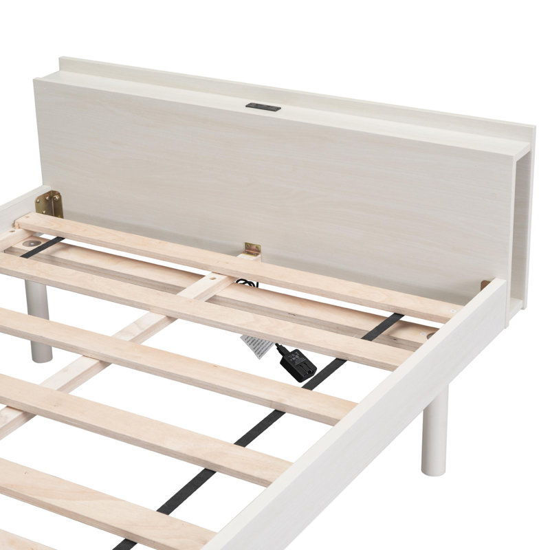 Bed Frame With Built-in USB Port on Shelves Headboard, White Washed