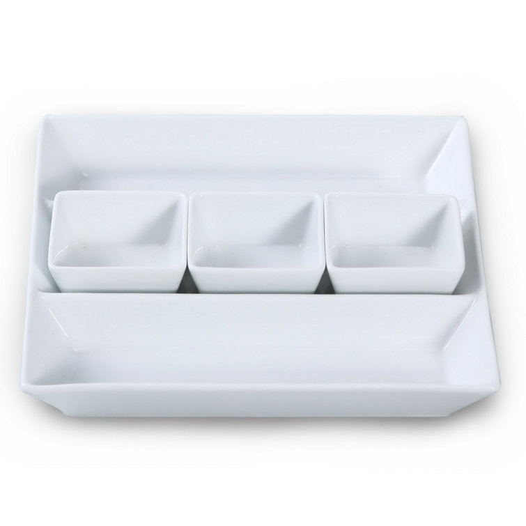 4 Piece Porcelain Chip and Dip Tray Set in White