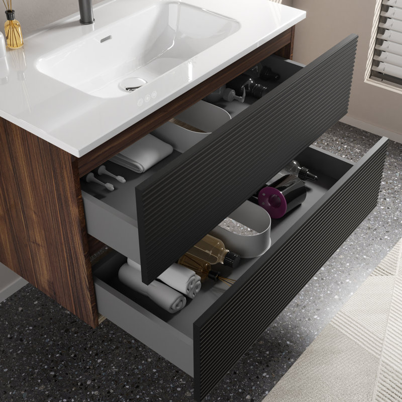 30 in. Single Sink Floating Black & Walnut Bath Vanity with White Ceramic Top, 2 Soft Drawers, 30", Black/Brown, Triple
