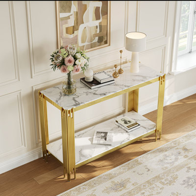 47" Glass Console Table, White Marble-Pattern Tempered Glass Top, Sofa Table With 2-Tier Storage, Stainless Steel Frame