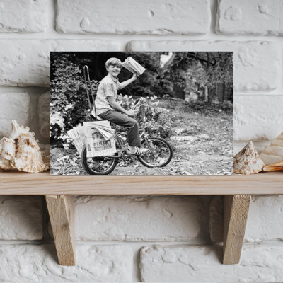 1970S Smiling Delivery Newsboy On Bicycle About To Toss Newspaper Looking At Camera Classic Retro Vintage Wall Art