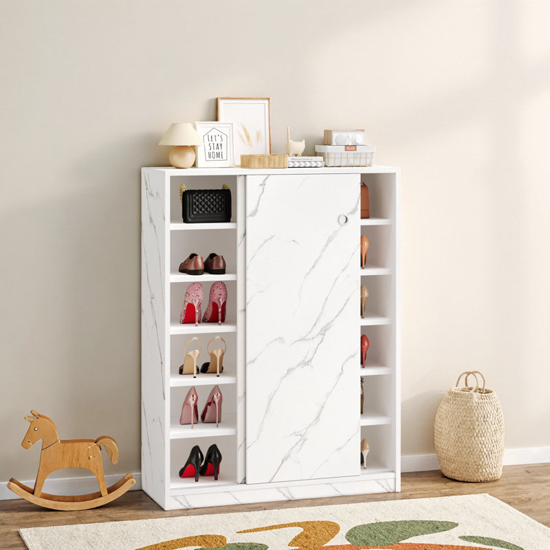 47" Marble Shoe Cabinet with Sliding Doors, 6-Tier Storage for 30+ Pairs, Space-Saving Entryway Organizer with Adjustable Shelves, Modern Wood Grain Texture Finish