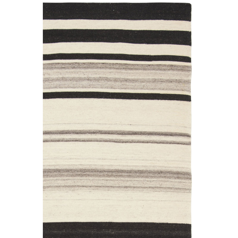 Emek Hand Woven Flat Weave H. S. Wool/Cotton Striped Rug in Black/Tan, Rectangle 6' x 9'