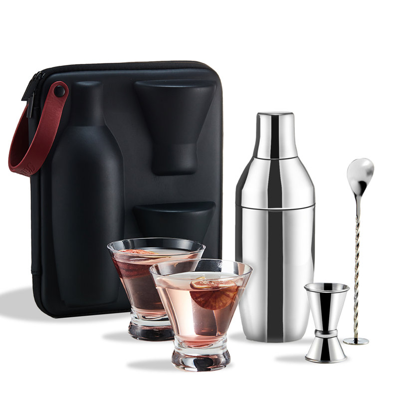  Ensemble de shaker à cocktail avec étui de transport: shaker à martini isolé sous vide avec crépine intégrée, 2 verres à martini, jigger à mesurer, cuillère à mélanger et recettes de cocktail, ensemble d'outils de bar de voyage