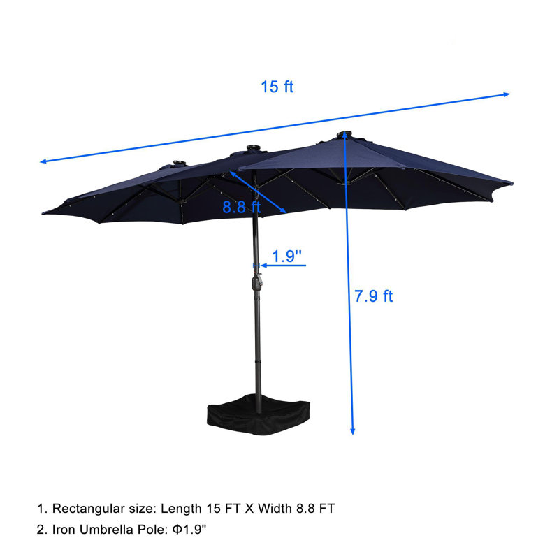 Parasol de patio 15 pi avec base et DEL 15 pi, Bleu marine