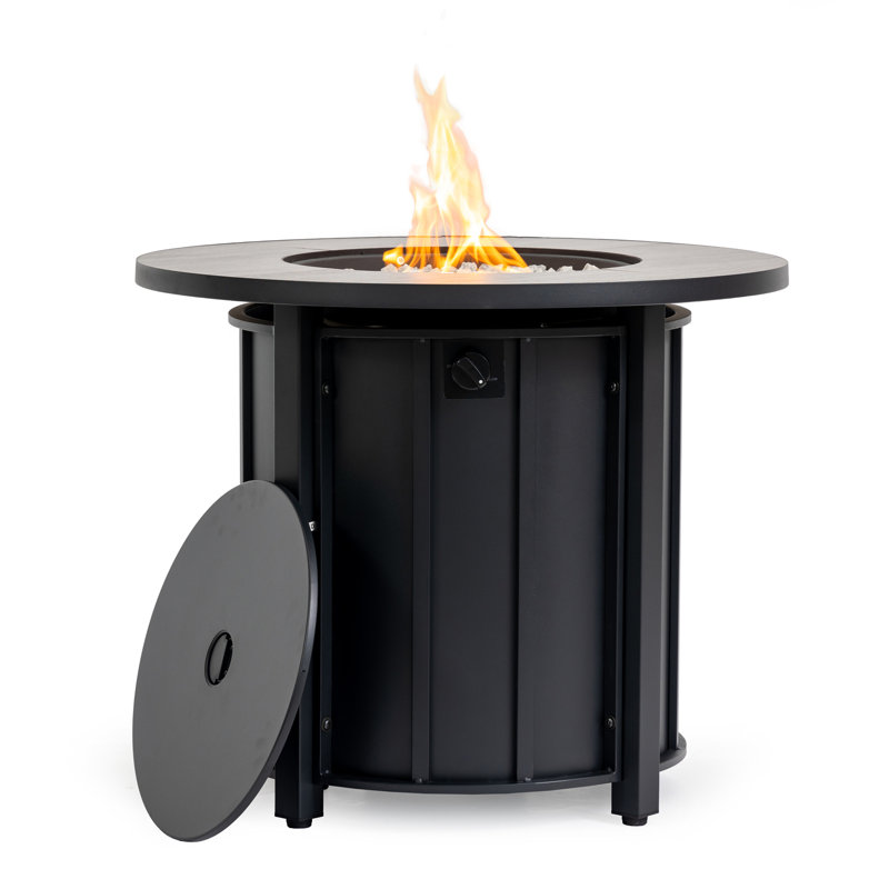 30" Propane Gas Fire Pit Table - 50,000 BTU Round Steel with Wood Grain Ceramic Tabletop for Patio, Deck, Garden & Backyard - Black