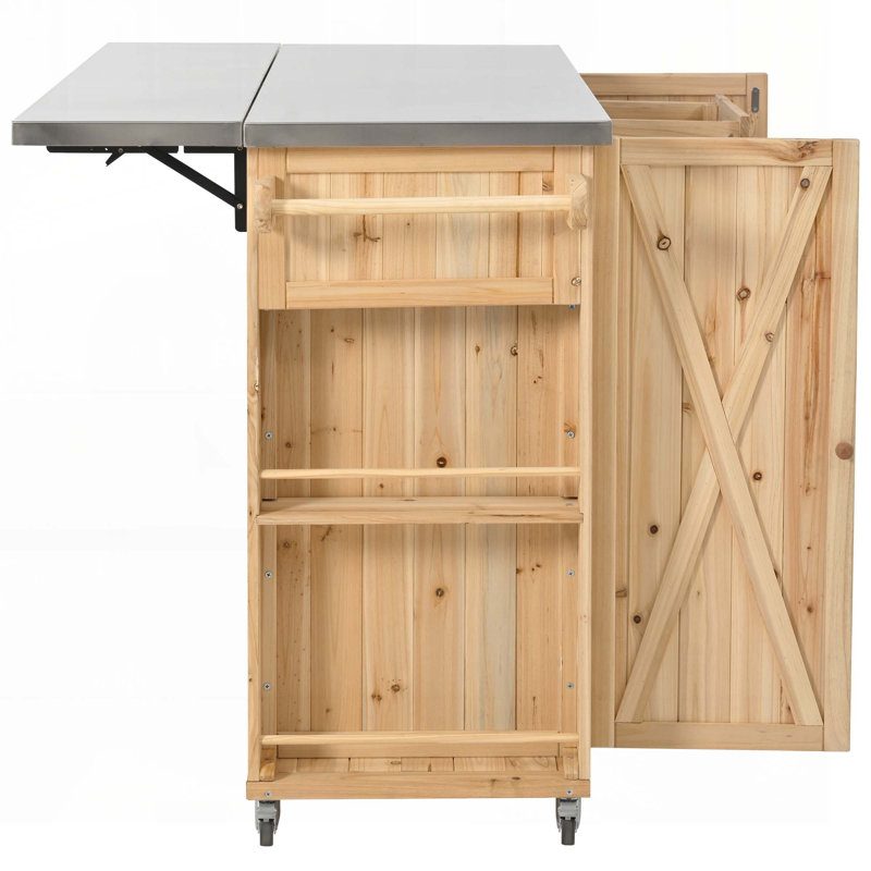 Outdoor Kitchen Island Table with Towel and Spice Racks and a Bottle Opener for Outdoor, Natural Wood