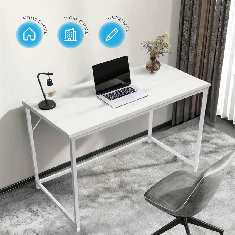 Computer Desk Office Work Rustic Wooden Grain Finish Rectangle Oira, White, 76cm H x 100cm W x 50cm D