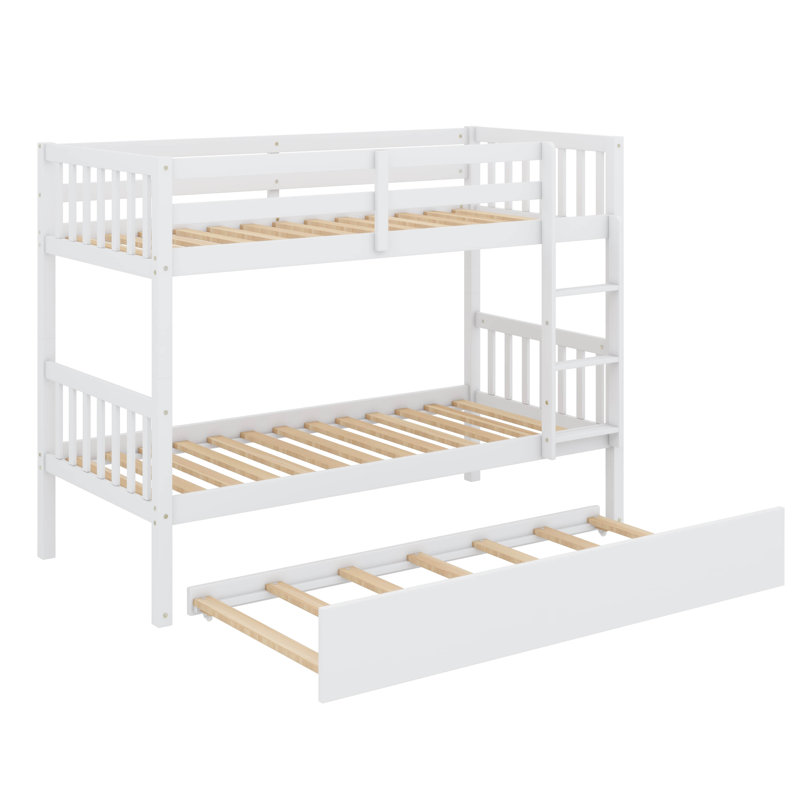 Lit superposé simple en bois d'hévéa avec lit gigogne, transformable en deux lits séparés, Blanc