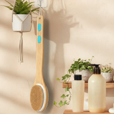 Cheer Collection Double Sided Shower Brush with Long Lotus Wood Handle and Soft and Stiff Bristles