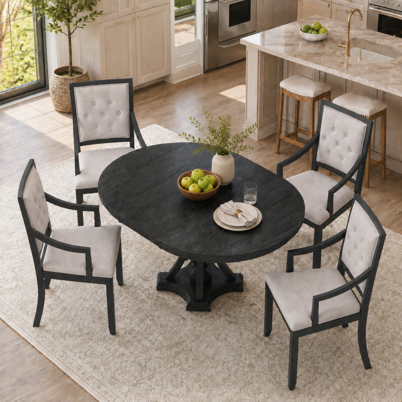 Retro 5-piece dining set extendable round table and 4 chairs,round table top with leaf,dining table set,dining room set Bowlds