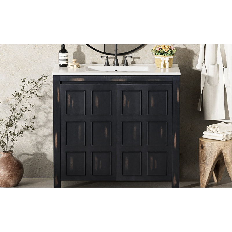 Meuble-lavabo rétro de 36 pouces, bois massif et matériau céramique, portes à fermeture douce, poignées dissimulées, rangement facile à installer, fait à la main avec du bois, élégance vieillie, rangement spacieux,