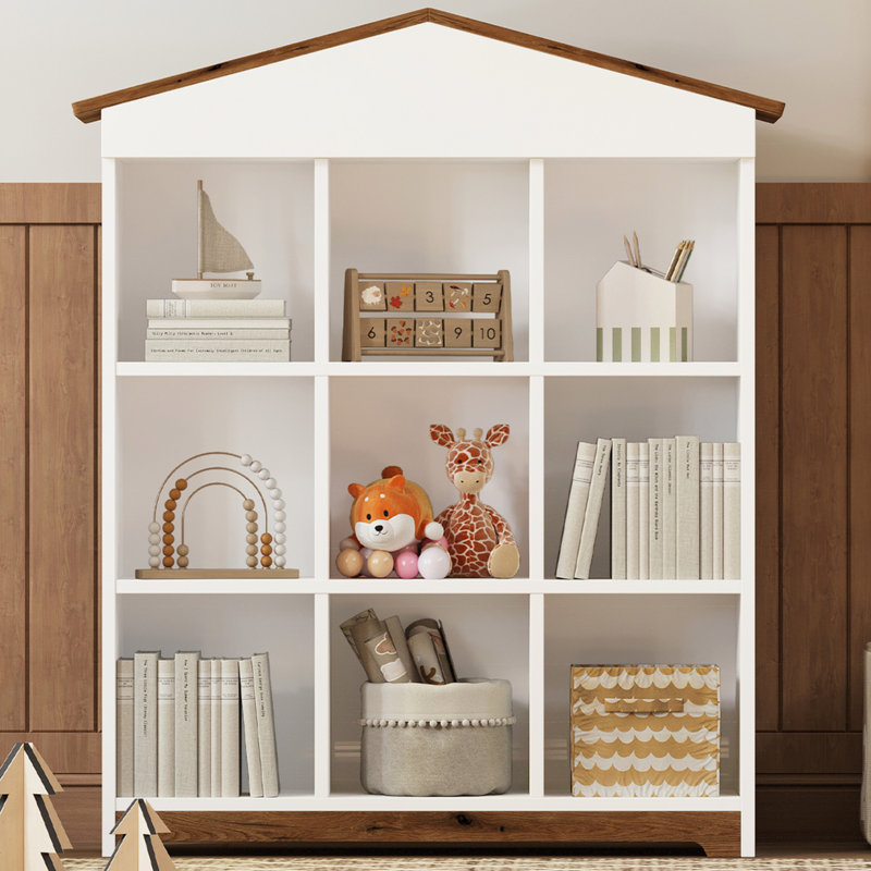 House-Shaped Storage Rack With Nine Storage Compartments, Three-Layer Bookshelf  With Colorblock Design (Bookshelf)