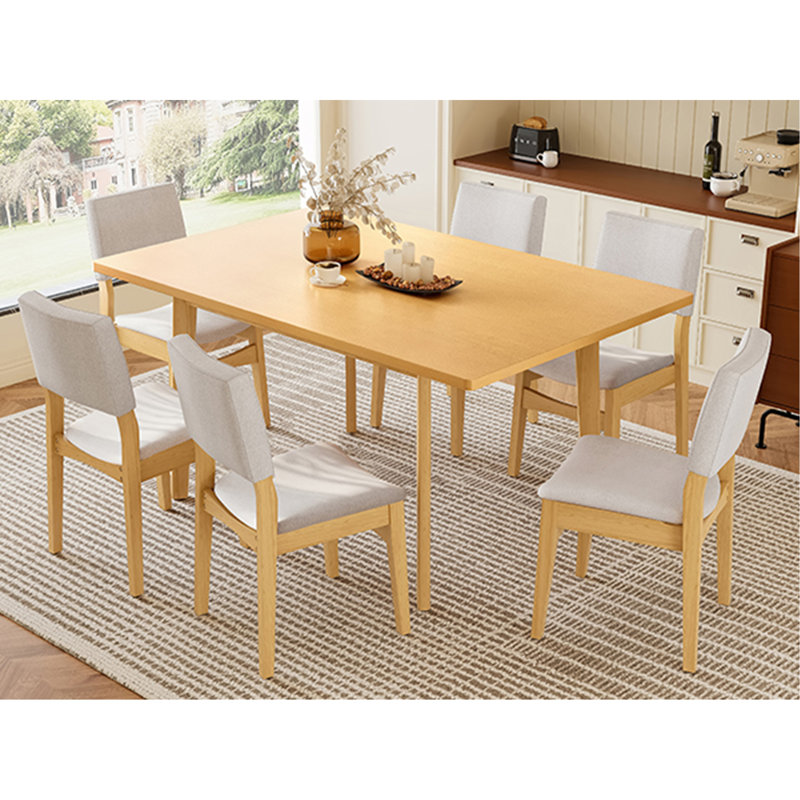 7-Piece Modern Dining Set - Rectangular Solid Wood Table & Upholstered Linen Chairs, Walnut Finish With Beige Fabric For Kitchen/Dining Room