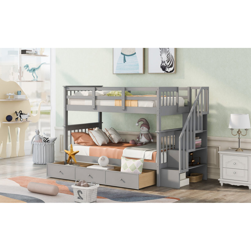 Lit superposé simple au-dessus de simple avec trois tiroirs pour la chambre à coucher, dortoir - gris (ancien SKU: LP000309AAE)