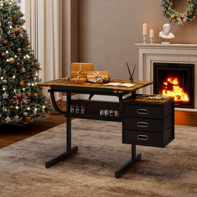 Adjustable Black Drawing Table With Stool And Office Equipment Storage Metal Drafting & Drawers For Painting Work