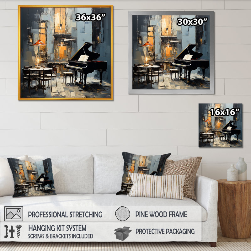 Jaune et gris Grand Piano Jazz Cafe III - Piano, art mural, Cadre flottant noir, H 30 po x l 30 po x P 1,5 po