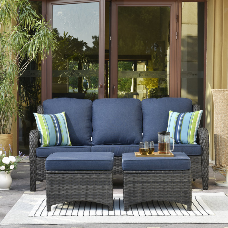 Gretna Wicker 3 - Person Patio Conversation Set with Cushions, Gray Frame/Demin Blue Cushion
