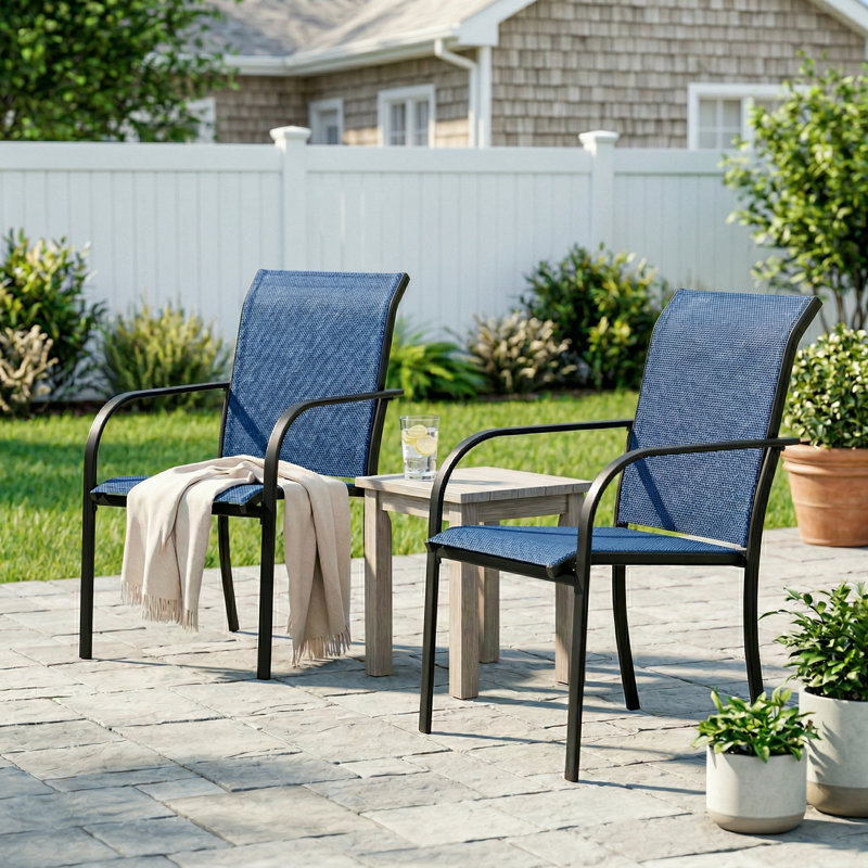 Ensemble de 2 fauteuils de salle à manger d'extérieur empilables en textilène pour patio, Bleu