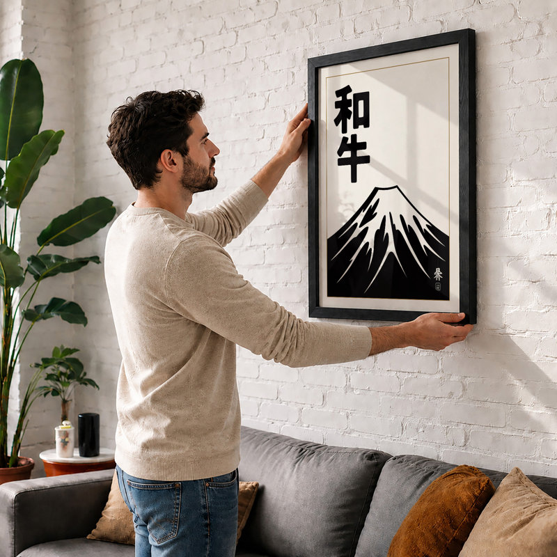 Mount Fuji In Black Japandi - Print, A2 - 59.4 x 42.0 cm, Oak