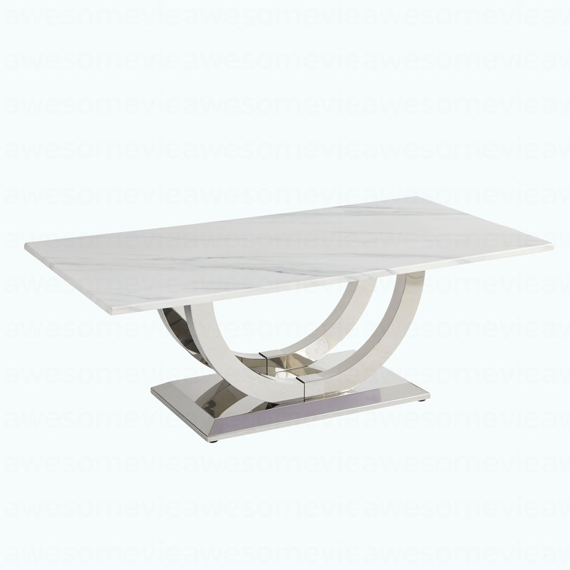 50.4 Inch Modern Rectangular Coffee Table,Marble Pattern MDF Top ,Silver Stainless Steel Base.