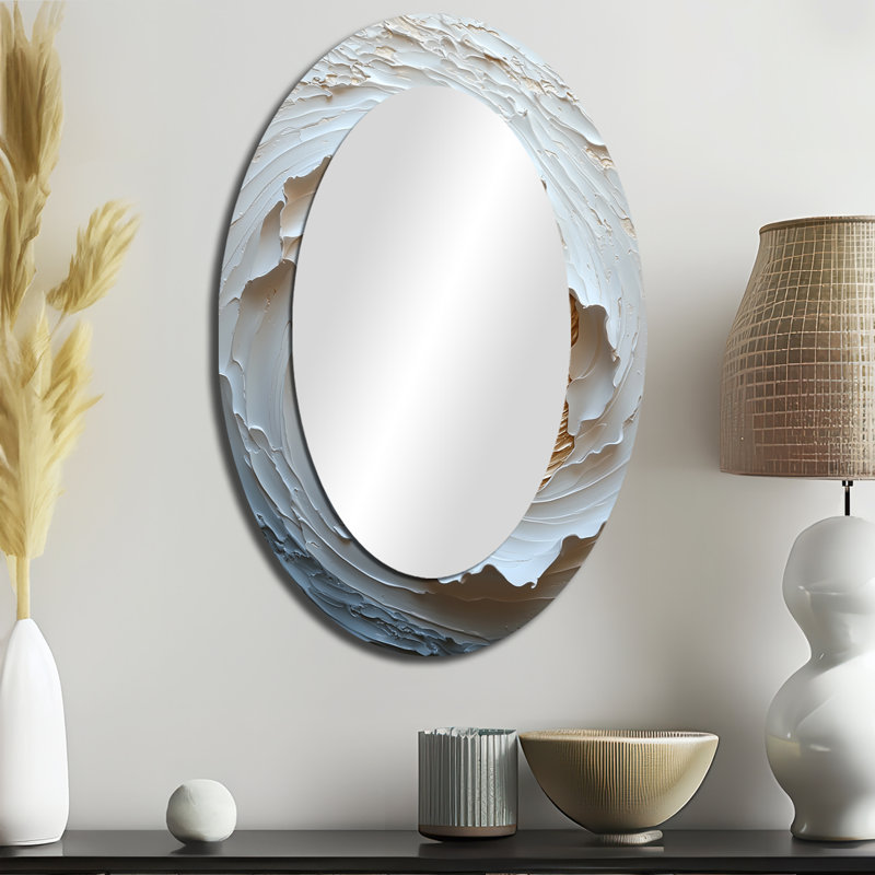 Beige et blanc lever de soleil abstrait vagues II - miroir décoratif ovale abstrait sur métal, 36 po x 24 po