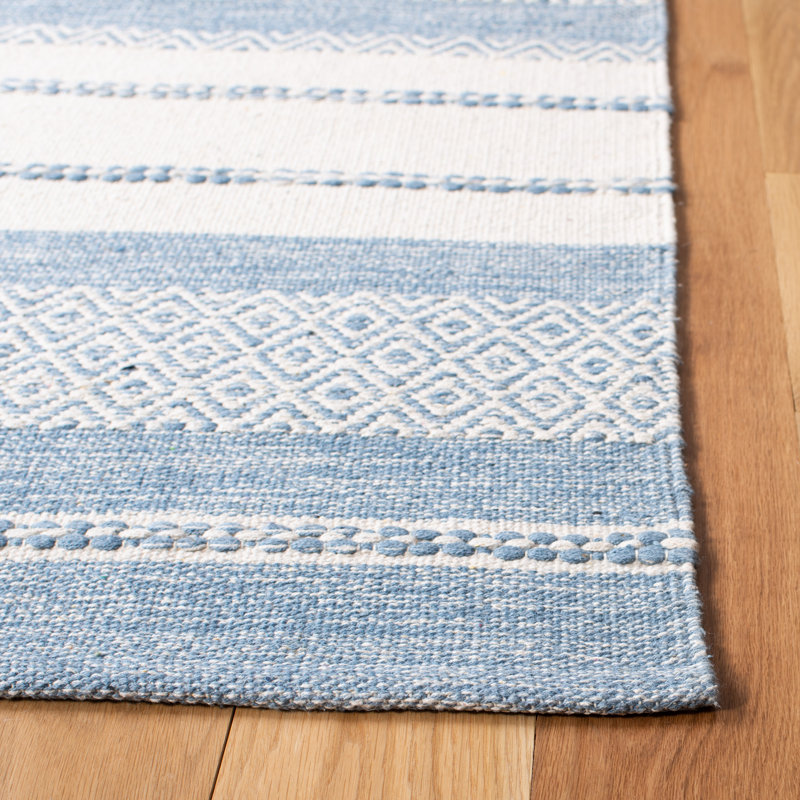 Tapis bleu / crème en coton tissé à plat à la main Addilynn, Carré de 7 pi