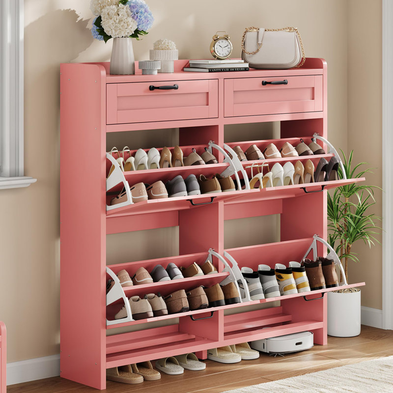 Shoe Cabinet with 4 Flip Drawers & 2 Top Drawers, High-Gloss Hidden Entryway Shoe Storage Organizer, Pink, 6