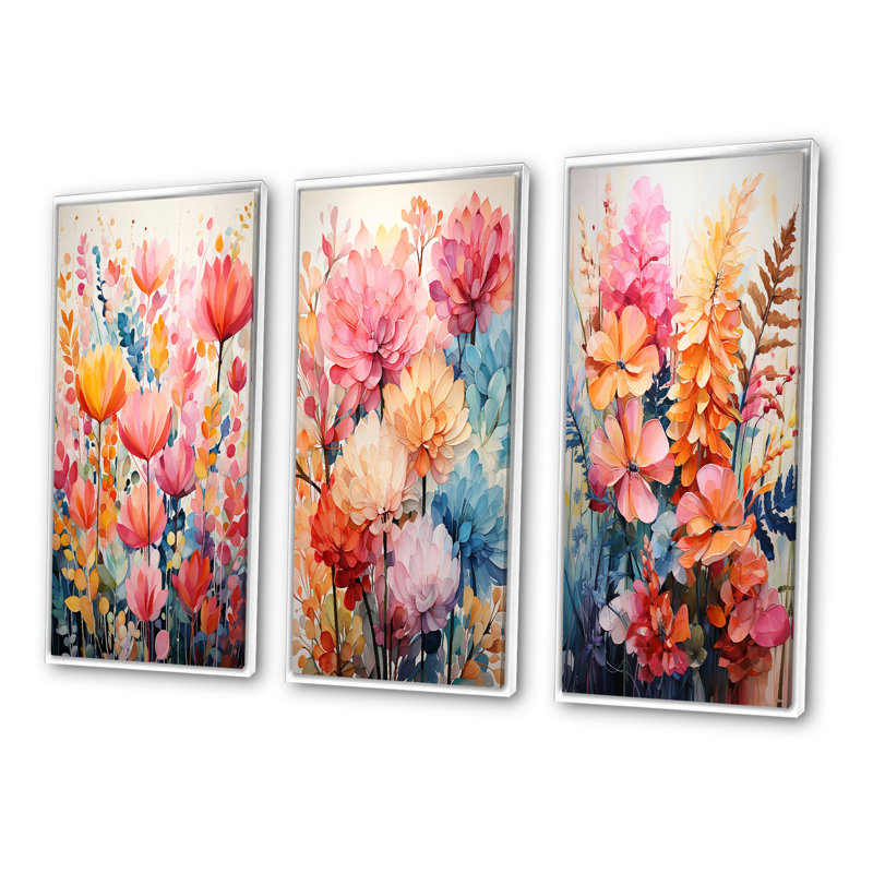 «Multicolored Ferns Collage I», 3 pièces sur toile, H 40 po x l 60 po, Cadre blanc