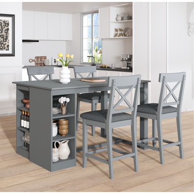 Kitchen Island Dining Table Set For 4,Farmhouse Dining Set W/3-Tier Storage Shelves,Upholstered Dining Chairs