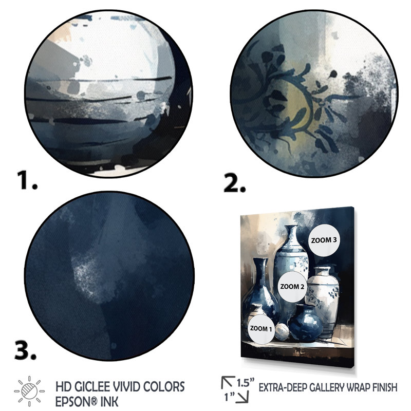 «Kapria Blue and Cream Bohemian Vibes Pottery V», reproduction sur toile, Cadre photo noir, H 20 po x l 12 po x P 1 po