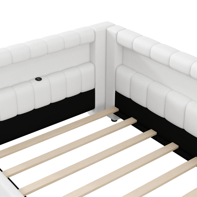 Lit plateforme tapissier simple avec ports USB et ceinture à DEL, blanc crème, Lit simple