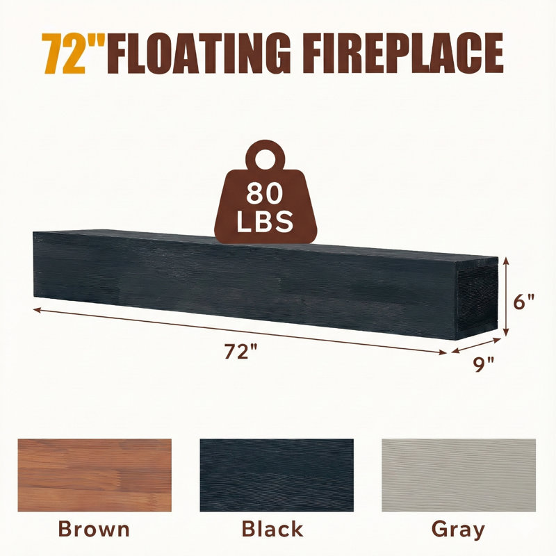 72" Solid Wood Fireplace Mantel, Floating Shelves, 72", Black