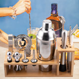 17 Piece Bartender Kit - Bar Tool Set Cocktail Shaker Set - With Rayon From Bamboo Stand