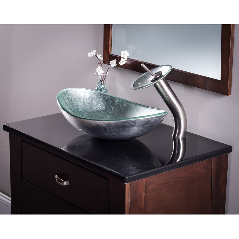 Novatto Argento 13.5'' Glass Oval Bathroom Sink with Faucet, Brushed Nickel