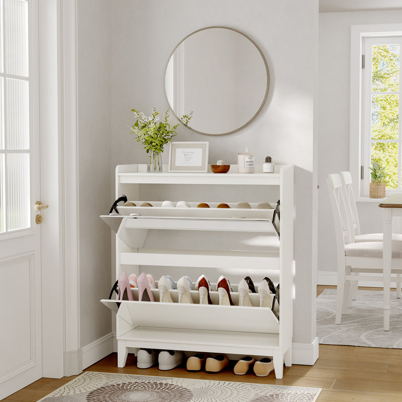 Slim Mirrored Shoe Storage Cabinet With Flip-down Doors, White