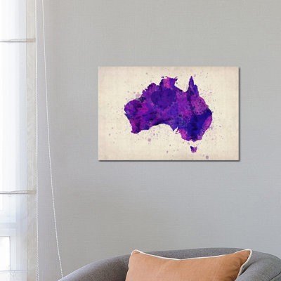 Map Of Australia (Purple) Paint Splashes by Michael Tompsett - Wrapped Canvas Print