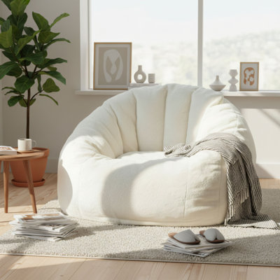 Faux Fur Beige Shell Giant Beanbag Chair, Extra-Large Size, Suitable For Adults And Children, Comfortable Padded Sofa For Playing, Reading, And Relaxing.